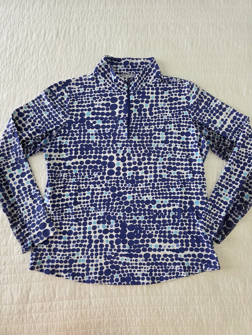 IBKUL 1/4 Zip Pullover Top Long Sleeve Womans Size Large Blue White Pattern